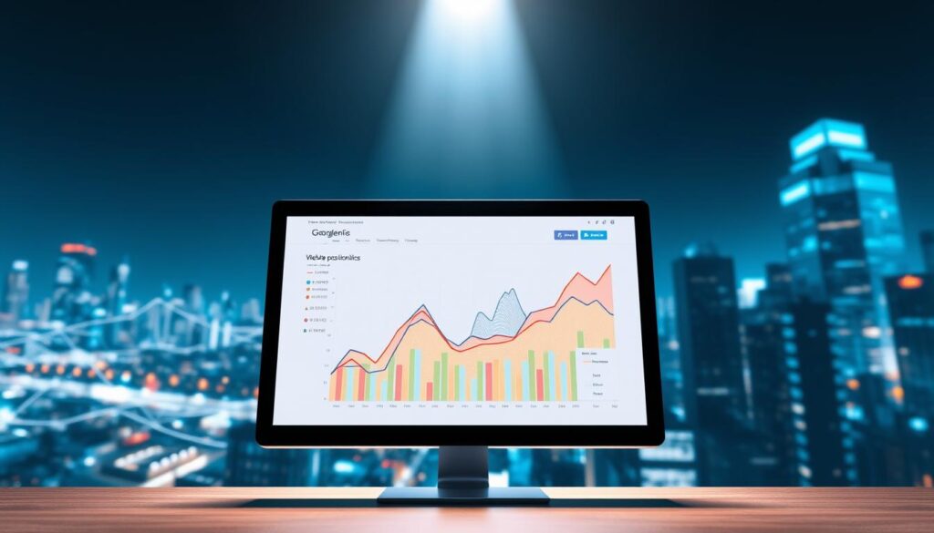 A conceptual illustration representing "Google positioning" as seen through a digital landscape. In the foreground, a computer screen displays a colorful, intricate graph showcasing website analytics, symbolizing data assessment. Middle ground features an abstract depiction of search engine algorithms, illustrated as interconnected nodes and flowing lines, suggesting a dynamic digital network. The background shows a cityscape made of computer code and light, enhancing the tech ambiance. Soft, focused lighting highlights the screen, creating a professional, contemplative mood. An upward angle lends a sense of aspiration and growth. The overall atmosphere should convey innovation and strategic insight in a digital marketing context. No text or human figures are included.