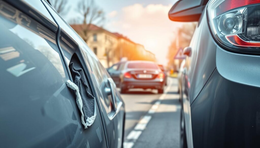 A detailed illustration of typical automotive damage in Germany post-accident, focusing on various types of damages to vehicles. In the foreground, show a close-up of a damaged car door with visible dents and scratches, as well as a broken headlight. In the middle, include a view of two cars involved in a minor collision, capturing the perspective from a low angle to emphasize the impact. In the background, depict a busy German street with traffic signs and buildings, showcasing a clear day with natural sunlight illuminating the scene. The atmosphere should be professional and informational, suitable for an educational context, with a crisp, clean aesthetic that highlights the reality of automotive accidents in Germany.