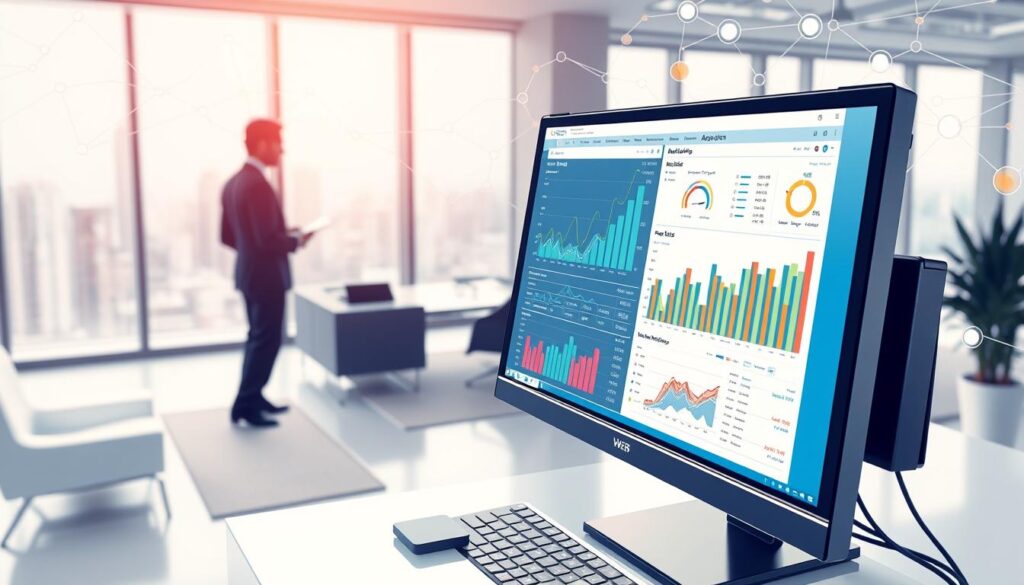 A detailed illustration of web analytics, showcasing data flow and user interaction on a website. In the foreground, a computer screen displays colorful graphs and analytics dashboards, with clear visualizations of user behavior metrics like clicks and time spent. A business professional in smart attire is focused on the screen, analyzing the data. In the middle ground, a modern office setting with sleek furniture and a large window revealing a city skyline. The background includes abstract representations of data, such as flowing lines and digital icons, symbolizing network connectivity and information gathering. The lighting is bright and professional, casting soft shadows. The overall mood conveys a sense of focus, efficiency, and modernity.