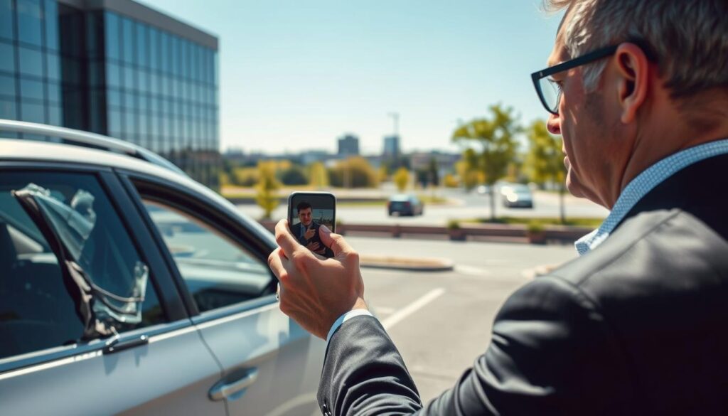 A middle-aged professional man in business attire, examining a damaged vehicle in a parking lot in Germany. In the foreground, he is taking photographs of the damage with a smartphone, capturing both close-up and distant shots. The vehicle shows visible damage, with broken glass and dented sides, highlighting the importance of evidence gathering. In the middle ground, an office building with large glass windows reflects the bright, clear blue sky. The background features a cityscape with trees and light traffic, suggesting an urban environment. The sunlight casts soft shadows, creating a professional and serious atmosphere. The focus is sharp on the man and the damaged vehicle, emphasizing the significance of documentation in the claims process. A middle-aged professional man in business attire, examining a damaged vehicle in a parking lot in Germany. In the foreground, he is taking photographs of the damage with a smartphone, capturing both close-up and distant shots. The vehicle shows visible damage, with broken glass and dented sides, highlighting the importance of evidence gathering. In the middle ground, an office building with large glass windows reflects the bright, clear blue sky. The background features a cityscape with trees and light traffic, suggesting an urban environment. The sunlight casts soft shadows, creating a professional and serious atmosphere. The focus is sharp on the man and the damaged vehicle, emphasizing the significance of documentation in the claims process.
