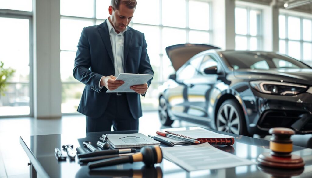 A professional automotive expert, dressed in smart business attire, is analyzing a car's condition in a well-lit office space. In the foreground, the expert is holding a clipboard with detailed assessment notes, focused on the vehicle, which is shown on a sleek display or a digital screen. In the middle ground, a variety of car repair tools and documents related to legal procedures are neatly arranged on a desk, symbolizing the connection between vehicle valuation and legal actions. In the background, large windows allow natural light to flood the room, creating a bright and inviting atmosphere. The overall mood conveys professionalism and diligence, emphasizing careful evaluation and expertise in automotive appraisal and legal matters.