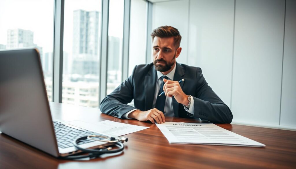 A professional consultant examining a report on accident damages, sitting at a sleek wooden desk in a modern office. The foreground features a neatly organized desk with a laptop, open documents, and a stethoscope symbolizing thorough analysis. In the middle ground, a thoughtful person in business attire, holding a pen and looking intently at the paperwork, indicating careful inspection. The background showcases a large window letting in natural light, revealing a cityscape outside, enhancing the atmosphere of professionalism and diligence. The lighting is bright but soft, creating a calm yet focused mood. The angle should be slightly above eye level, capturing both the consultant's concentration and the professional setting, emphasizing the importance of choosing the right expert for evaluating insurance claims. A professional consultant examining a report on accident damages, sitting at a sleek wooden desk in a modern office. The foreground features a neatly organized desk with a laptop, open documents, and a stethoscope symbolizing thorough analysis. In the middle ground, a thoughtful person in business attire, holding a pen and looking intently at the paperwork, indicating careful inspection. The background showcases a large window letting in natural light, revealing a cityscape outside, enhancing the atmosphere of professionalism and diligence. The lighting is bright but soft, creating a calm yet focused mood. The angle should be slightly above eye level, capturing both the consultant's concentration and the professional setting, emphasizing the importance of choosing the right expert for evaluating insurance claims.