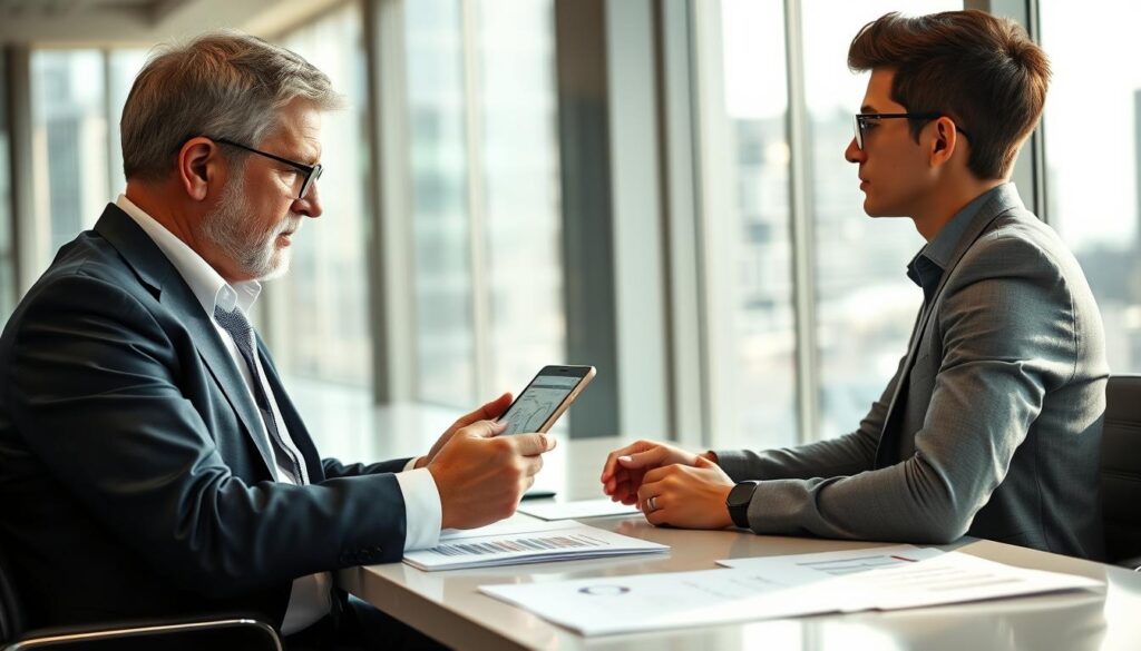 A professional consultant seated at a modern office desk, engaged in a detailed discussion about insurance claims with a client. The consultant, a middle-aged expert in a tailored dark suit, holds a tablet displaying complex data, while the client, a young adult in business casual attire, looks intrigued and focused. The background features a sleek office environment with large windows allowing natural light to flood in, casting soft shadows. Papers and documents related to insurance claims are neatly organized on the desk, adding to the professional atmosphere. The mood is one of collaboration and trust, emphasizing the importance of expert advice in successful claims. Soft lighting enhances the warm and productive ambiance, captured from a slightly elevated angle to include the bustling cityscape outside the window.