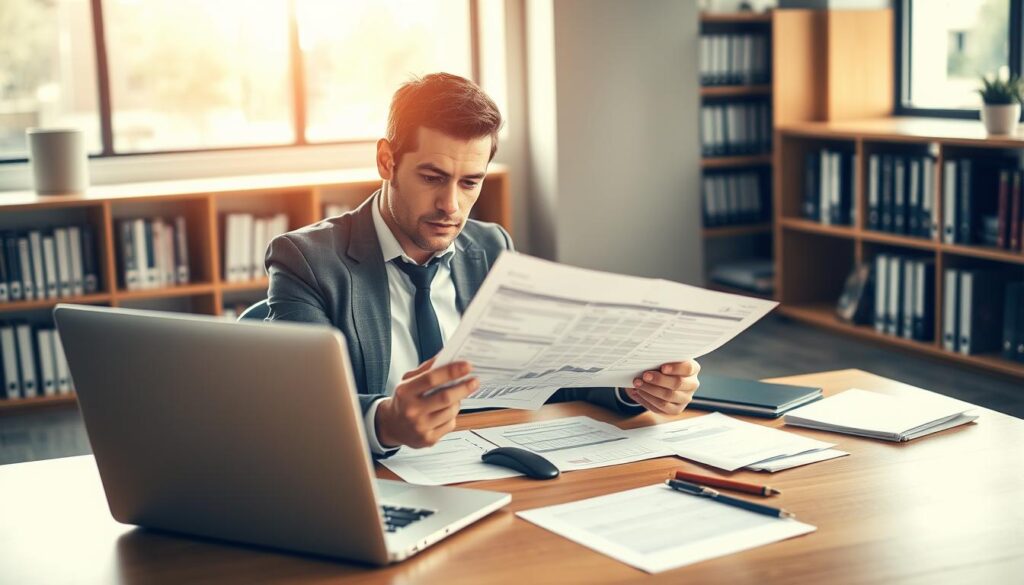 A professional insurance analyst carefully reviewing an insurance estimate in a modern office. In the foreground, a focused individual in business attire is scrutinizing a detailed document on a sleek wooden desk, surrounded by a laptop, calculator, and various financial papers. The middle ground features a large window allowing soft, natural light to flood into the space, highlighting the seriousness of the task. The background reveals shelves lined with binders and books related to insurance and finance, adding depth and context. The atmosphere is one of diligence and professionalism, conveying the importance of comparing the insurance cost estimate with expert opinions. The lighting is warm and inviting, suggesting a productive work environment, captured with a slight top-down angle to emphasize the subject's concentration and workspace.