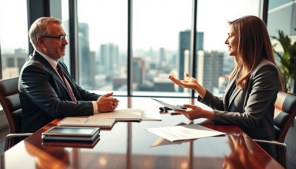 A professional insurance conversation in a modern office setting. In the foreground, a middle-aged man in a suit sits at a desk, attentively listening to a young woman in business attire explaining insurance details, reflecting engagement and concern. The woman is gesturing with her hands, conveying clarity and professionalism. The middle of the image features a polished wooden desk with documents spread out, symbolizing detailed documentation. In the background, a large window reveals a cityscape, suggesting a business district, with soft daylight illuminating the scene. The atmosphere should feel collaborative and focused, highlighting the psychological aspects of discussing insurance claims. Use soft, warm lighting to enhance the inviting mood, with a slight shallow depth of field to draw attention to the subjects.