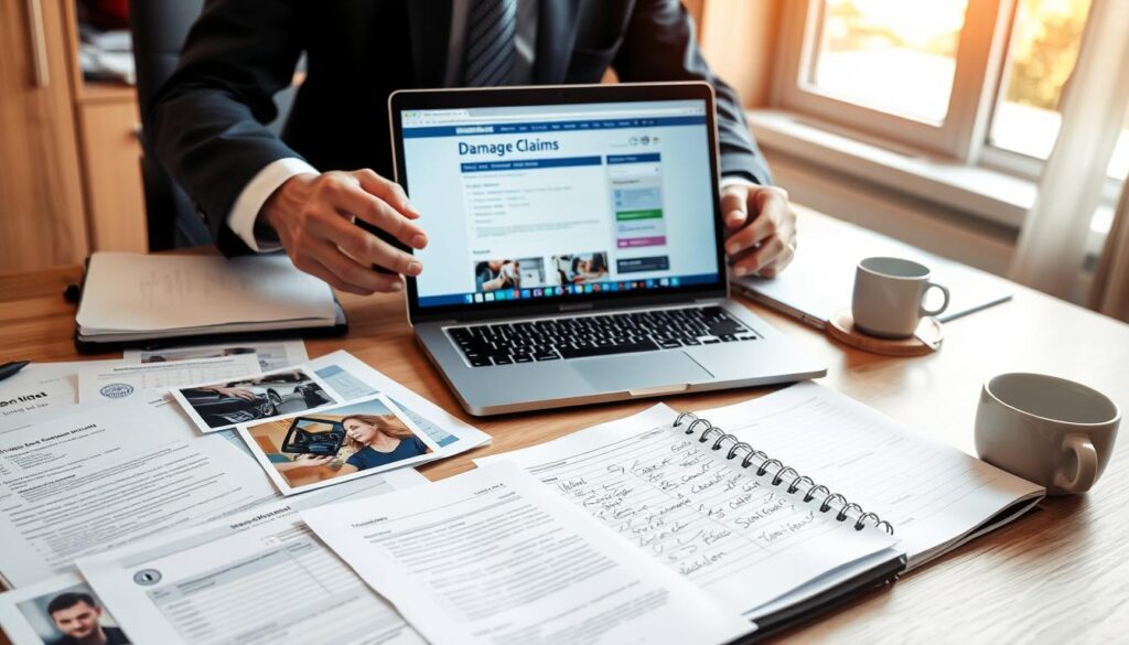 A professional office setting depicting a person in business attire carefully organizing documents and photographs related to a damage claim process. In the foreground, there's a desk cluttered with various forms, photos of an incident, and a notebook with handwritten notes. The middle features a laptop displaying a claims submission webpage, and a coffee cup to one side. In the background, a window reveals a bright day outside, enhancing the mood of hope and resolution. The lighting is warm and inviting, suggesting a productive workspace, with soft shadows that create depth. The angle is slightly elevated, providing a comprehensive view of the workspace, emphasizing the importance of thoroughness in the claims process. A professional office setting depicting a person in business attire carefully organizing documents and photographs related to a damage claim process. In the foreground, there's a desk cluttered with various forms, photos of an incident, and a notebook with handwritten notes. The middle features a laptop displaying a claims submission webpage, and a coffee cup to one side. In the background, a window reveals a bright day outside, enhancing the mood of hope and resolution. The lighting is warm and inviting, suggesting a productive workspace, with soft shadows that create depth. The angle is slightly elevated, providing a comprehensive view of the workspace, emphasizing the importance of thoroughness in the claims process.