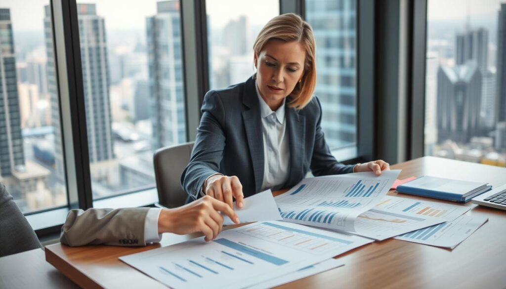 A professional office setting featuring two individuals in business attire engaged in a discussion over a table filled with documents and charts related to vehicle insurance. In the foreground, one person, a middle-aged professional woman, points at a detailed report, her expression focused and confident. In the background, a large window reveals a bustling cityscape, with soft daylight streaming in, creating a warm, inviting atmosphere. The composition is from a slightly elevated angle, allowing a clear view of the documents and the interaction between the individuals. The overall mood conveys a sense of collaboration and expertise, emphasizing the importance of independent opinion in understanding insurance benefits. A professional office setting featuring two individuals in business attire engaged in a discussion over a table filled with documents and charts related to vehicle insurance. In the foreground, one person, a middle-aged professional woman, points at a detailed report, her expression focused and confident. In the background, a large window reveals a bustling cityscape, with soft daylight streaming in, creating a warm, inviting atmosphere. The composition is from a slightly elevated angle, allowing a clear view of the documents and the interaction between the individuals. The overall mood conveys a sense of collaboration and expertise, emphasizing the importance of independent opinion in understanding insurance benefits.