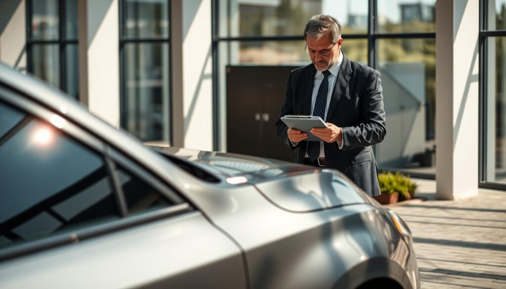A professional setting featuring a car assessment scene. In the foreground, a car is parked on a well-maintained driveway, showcasing a shiny exterior and detailed damage on one side. In the middle ground, an experienced automotive appraiser, wearing a smart business suit, is inspecting the car with a clipboard and measuring tool, appearing focused and diligent. The background shows a modern office setting with large windows allowing natural light to filter through, creating a bright and airy atmosphere. The sunlight casts soft shadows, enhancing the details of the car's surface and the appraiser’s concentration. The overall mood is professional and meticulous, emphasizing the importance of a thorough car evaluation process.