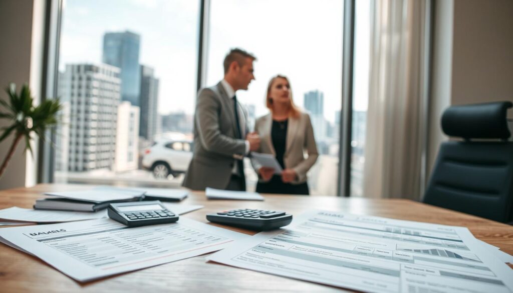 A professional setting illustrating the concept of damage assessment in Germany, focusing on additional costs associated with vehicle repairs. In the foreground, a neatly organized workspace with a calculator, repair estimates, and a detailed vehicle damage report spread across a wooden desk. In the middle ground, a well-dressed insurance adjuster, wearing professional attire, discusses the damage with a customer, both appearing engaged and thoughtful. The background features a large window showing a modern German city skyline, bathed in natural daylight for clarity. The mood is serious yet collaborative, conveying the importance of understanding all costs involved in vehicle damage assessment. Use a neutral color palette with soft shadows to create a professional atmosphere.