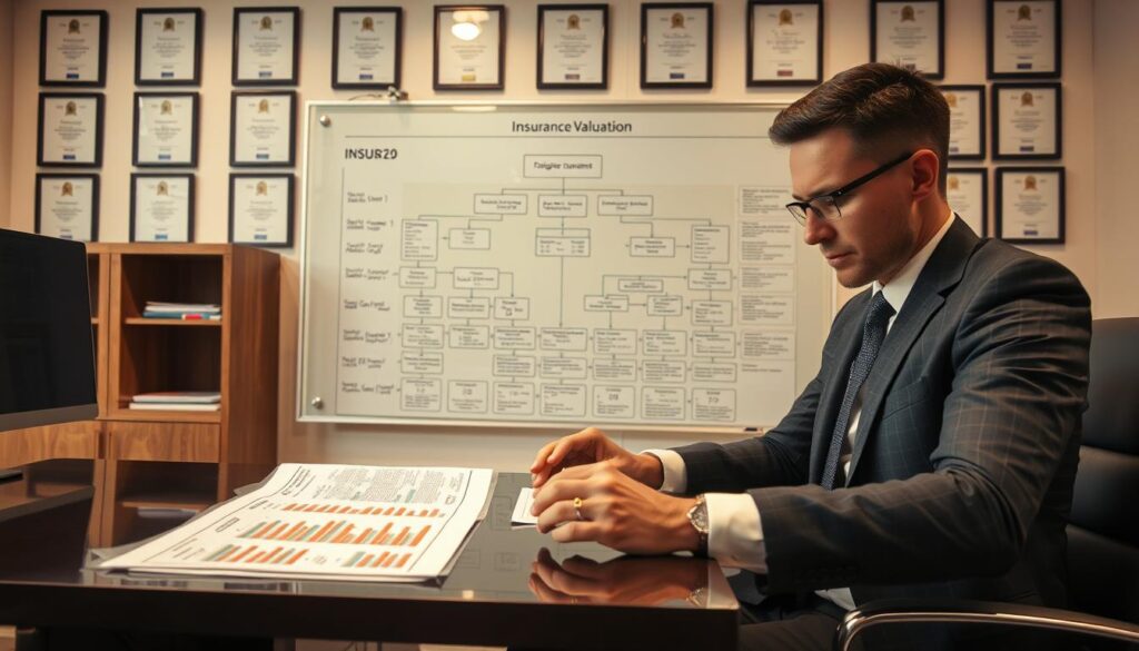 A serious and contemplative office environment, focused on the theme of insurance valuation. In the foreground, a well-dressed professional, either gender, sits at a sleek desk, intently examining documents related to insurance claims. The documents are visually striking, featuring graphs and numbers that represent value assessments. In the middle ground, a large, transparent board displays a complex flowchart illustrating the process of evaluating damages, with colorful markers encircling key points. The background features a wall lined with certificates and awards related to professional integrity in insurance. Soft, warm lighting creates an inviting yet serious atmosphere, shot from a slight angle to emphasize the concentration of the professional and the details of the documents, capturing the tension and importance of accurate valuation in the insurance industry.
