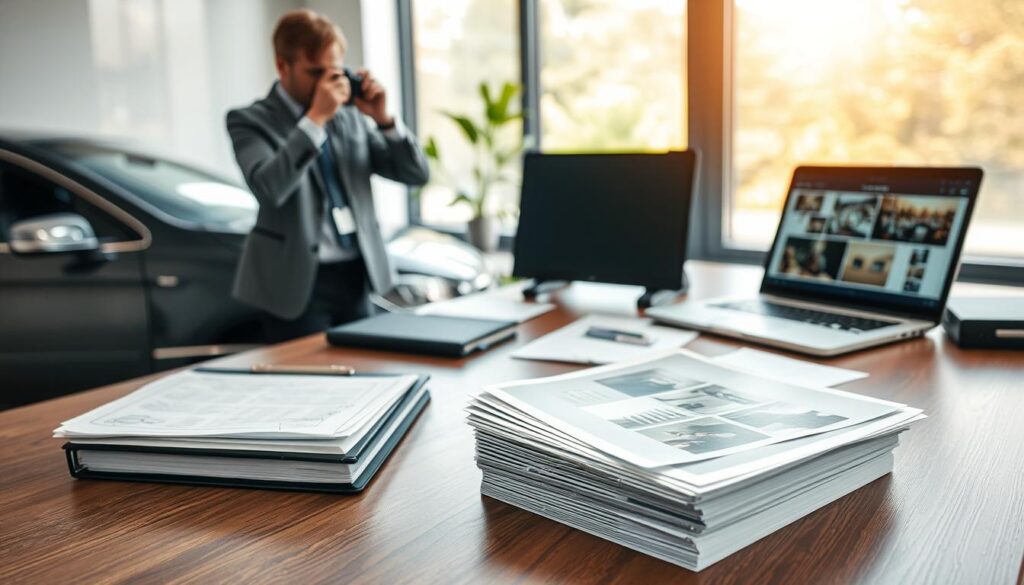 A well-organized office desk scene depicting the process of documenting an insurance claim with photographs. In the foreground, a professional person in business attire is taking clear photographs of damaged property—like a car with noticeable dents and a broken window. On the desk, there are folders and a laptop displaying images of damage for reference. In the middle, a soft-focus view showcases a stack of printed photographs of the claim, indicating the importance of visual documentation in the claims process. The background features a large window with natural light streaming in, creating a bright and efficient atmosphere. The composition should highlight the meticulous nature of documentation, creating a sense of order and professionalism.