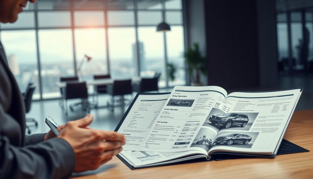 An elegant, modern office scene illustrating the concept of assessing vehicle damage value. In the foreground, a professional, middle-aged person in business attire is examining vehicle repair estimates on a sleek tablet. The middle layer features an open folder with detailed documents outlining vehicle specifications, accident parts, and repair costs, along with a high-quality car image. The background reveals a well-decorated office with large windows, soft natural lighting illuminating the space, and a cityscape visible outside. The mood is serious yet focused, emphasizing professionalism and attention to detail, creating an atmosphere of trust and reliability in assessing car value and repairs.