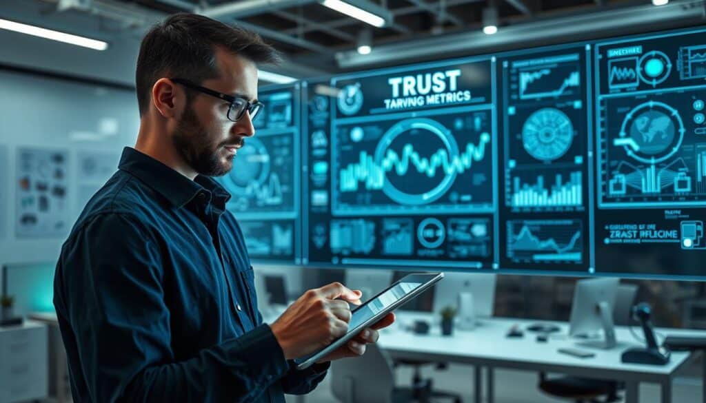 A conceptual visualization of "zasada niewartościowego zaufania" focusing on the theme of technical scrutiny. In the foreground, a meticulous engineer examines complex digital data on a sleek tablet, wearing professional attire, highlighting diligence. The middle ground features a large transparent screen displaying intricate charts, graphs, and abstract representations of trust metrics, illuminated with soft blue and green lighting. The background is an office space with a modern, minimalist design, filled with technical diagrams and engineering tools, suggesting an atmosphere of precision and authority. The overall mood is serious and analytical, evoking a sense of responsibility and professionalism in technical oversight. Use a slightly low angle lens for a commanding perspective, ensuring depth in the composition with balanced lighting throughout.