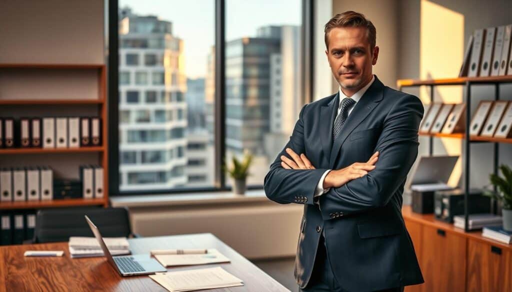 A confident lawyer in Germany, dressed in a sharp, tailored navy suit, stands with arms crossed in a modern office environment. In the foreground, a stylish wooden desk is cluttered with legal documents and a laptop. The middle ground features a large window showcasing a view of the cityscape with contemporary buildings reflecting the afternoon sunlight. A shelf filled with law books and certificates is visible in the background. Soft, warm lighting enhances the professionalism of the scene, casting gentle shadows. The atmosphere is focused and authoritative, embodying the themes of legal guidance and consumer rights advocacy, encouraging a sense of trust and reliability.