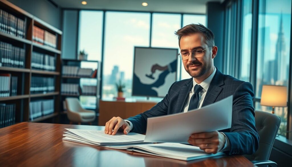 A confident personal injury lawyer in a sleek, modern office environment. In the foreground, the lawyer, dressed in a tailored navy suit, is seated at a polished oak desk, reviewing legal documents with a focused expression. Soft ambient light filters in through large windows, creating a warm, inviting atmosphere. In the middle ground, shelves lined with legal books and case files showcase expertise and professionalism. A contemporary art piece adds a touch of sophistication to the room. In the background, a large cityscape is visible, symbolizing the lawyer's active role in navigating complex legal landscapes. The scene conveys an air of trust, competence, and dedication to client needs, highlighting the expectations clients have regarding their lawyer's skills and commitment.