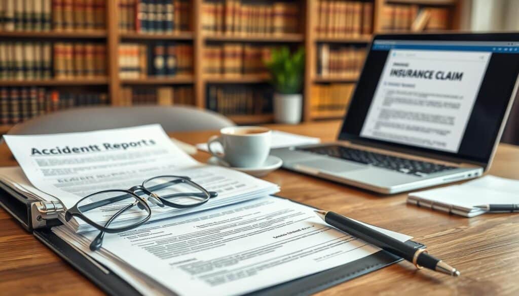 A detailed desk scene showcasing essential documentation for obtaining compensation after an accident. In the foreground, a neatly organized stack of papers and forms, including an accident report, medical bills, and correspondence with insurance companies, all in a sleek binder. A pair of professional reading glasses and a black pen lie next to the documents. In the middle ground, a laptop displays an open email draft addressing an insurance claim, while a cup of coffee adds a warm touch. The background features a softly blurred office environment with bookshelves filled with legal texts, hinting at a serious yet approachable atmosphere. The lighting is bright and natural, illuminating the workspace, fostering a mood of diligence and professionalism.