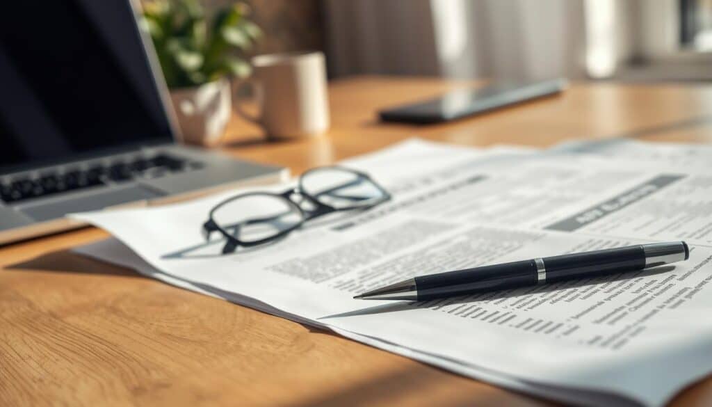 A detailed insurance policy document on a wooden desk, prominently featuring formal language and intricate design elements. In the foreground, a neatly folded pen rests beside a pair of reading glasses, symbolizing attention to detail. The middle ground shows a soft-focus background of blurred office elements, like a potted plant and a laptop, creating a professional atmosphere. Natural light gently illuminates the scene, creating warm shadows that enhance a sense of clarity and seriousness. The composition is shot from a slightly elevated angle, conveying an inviting yet authoritative mood, suited for a professional setting. The overall feel is one of diligence and professionalism, reflecting the meticulous process of filing an insurance claim without distractions. A detailed insurance policy document on a wooden desk, prominently featuring formal language and intricate design elements. In the foreground, a neatly folded pen rests beside a pair of reading glasses, symbolizing attention to detail. The middle ground shows a soft-focus background of blurred office elements, like a potted plant and a laptop, creating a professional atmosphere. Natural light gently illuminates the scene, creating warm shadows that enhance a sense of clarity and seriousness. The composition is shot from a slightly elevated angle, conveying an inviting yet authoritative mood, suited for a professional setting. The overall feel is one of diligence and professionalism, reflecting the meticulous process of filing an insurance claim without distractions.