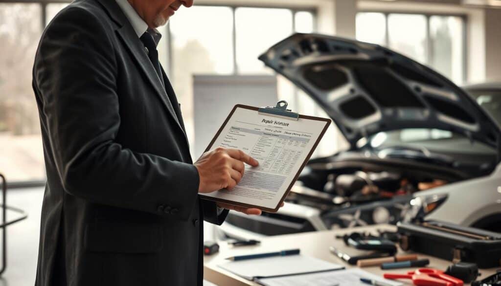 A detailed scene depicting a professional setting focused on car damage assessment. In the foreground, a well-dressed insurance adjuster, wearing a blazer and glasses, meticulously examines a detailed repair cost estimate in a clipboard. The middle layer showcases an open hood of a car, revealing damaged components, with tools and parts organized neatly on a table beside it. In the background, a bright, modern office space filled with natural light, featuring large windows that give a view of the outside. The atmosphere is serious and focused, emphasizing professionalism and expertise. The lighting should be bright but soft, highlighting the adjuster’s concentration and the details of the cost estimate. Capture this from a slightly angled perspective to give depth to the scene. A detailed scene depicting a professional setting focused on car damage assessment. In the foreground, a well-dressed insurance adjuster, wearing a blazer and glasses, meticulously examines a detailed repair cost estimate in a clipboard. The middle layer showcases an open hood of a car, revealing damaged components, with tools and parts organized neatly on a table beside it. In the background, a bright, modern office space filled with natural light, featuring large windows that give a view of the outside. The atmosphere is serious and focused, emphasizing professionalism and expertise. The lighting should be bright but soft, highlighting the adjuster’s concentration and the details of the cost estimate. Capture this from a slightly angled perspective to give depth to the scene.