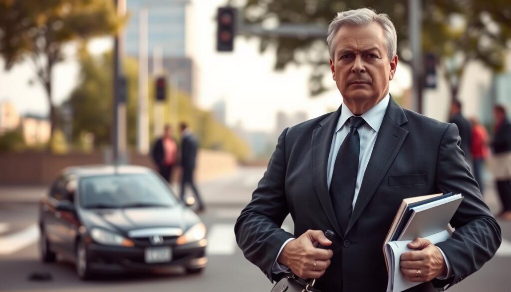 A determined lawyer stands confidently at the forefront of the image, dressed in a tailored, dark business suit, with a professional demeanor. The lawyer, a middle-aged person with a focused expression, is holding legal documents and a briefcase, symbolizing readiness and support. In the middle ground, a scene unfolds depicting a street accident, with a visibly damaged car and a few bystanders observing, showcasing the theme of legal assistance after an incident. The background features a blurred cityscape, hinting at the urban environment. Soft, natural lighting enhances the scene, casting subtle shadows that add depth. The atmosphere feels serious yet hopeful, emphasizing the crucial role of legal support in times of crisis. A determined lawyer stands confidently at the forefront of the image, dressed in a tailored, dark business suit, with a professional demeanor. The lawyer, a middle-aged person with a focused expression, is holding legal documents and a briefcase, symbolizing readiness and support. In the middle ground, a scene unfolds depicting a street accident, with a visibly damaged car and a few bystanders observing, showcasing the theme of legal assistance after an incident. The background features a blurred cityscape, hinting at the urban environment. Soft, natural lighting enhances the scene, casting subtle shadows that add depth. The atmosphere feels serious yet hopeful, emphasizing the crucial role of legal support in times of crisis.
