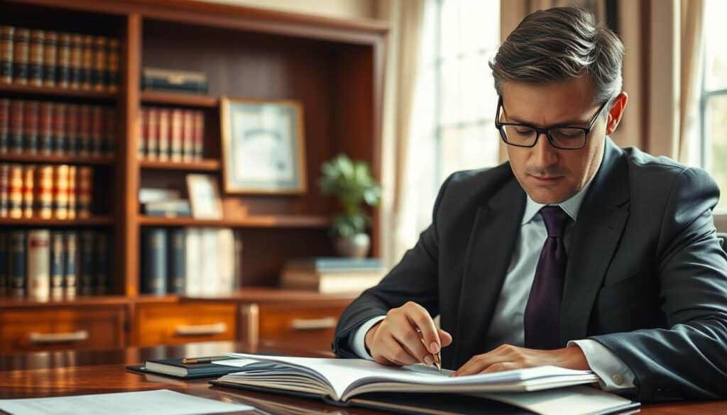 A distinguished lawyer in a sharp, professional suit, seated at a polished wooden desk adorned with law books and legal documents. The foreground features a close-up of the lawyer's focused expression as they review a case file, highlighting their dedication and expertise. In the middle area, a blurred background showcases a well-organized office with law books on shelves and a framed diploma on the wall, emphasizing a sense of professionalism. Soft, natural lighting streams through a nearby window, illuminating the scene and creating a calm atmosphere. The image captures the important role of an attorney in managing legal affairs, particularly in cases involving insurance claims.