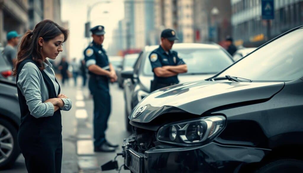 A dramatic scene depicting a car accident aftermath on a busy urban street. In the foreground, a concerned young woman in professional attire is standing beside her damaged vehicle, examining the front end with a look of contemplation. In the middle ground, a uniformed police officer is talking to another driver who seems distressed, both vehicles showing clear signs of a collision. The background features a cityscape with blurred pedestrians and nearby buildings. Soft, overcast lighting creates a somber mood, while the angle is slightly elevated, giving a broader view of the scene. The environment is suitable for an article about insurance costs and claims, evoking a serious yet empathetic atmosphere. A dramatic scene depicting a car accident aftermath on a busy urban street. In the foreground, a concerned young woman in professional attire is standing beside her damaged vehicle, examining the front end with a look of contemplation. In the middle ground, a uniformed police officer is talking to another driver who seems distressed, both vehicles showing clear signs of a collision. The background features a cityscape with blurred pedestrians and nearby buildings. Soft, overcast lighting creates a somber mood, while the angle is slightly elevated, giving a broader view of the scene. The environment is suitable for an article about insurance costs and claims, evoking a serious yet empathetic atmosphere.
