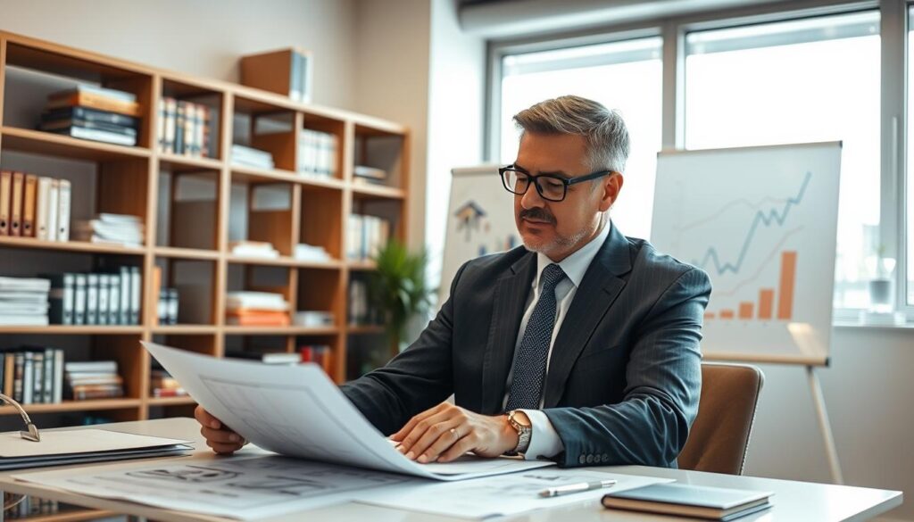 A focused scene of a professional property appraiser, depicted in a bright, well-lit office. In the foreground, the appraiser— a middle-aged man in a smart business suit, reviewing detailed property documents and floor plans while seated at a modern desk. The middle background features a large window with natural light streaming in, revealing a view of city buildings outside. Shelves filled with books on real estate and evaluation tools are present, adding context. In the background, a wall-mounted whiteboard displays graphs and charts related to property trends. The atmosphere should convey professionalism and diligence, suggesting a serious assessment process in progress, with soft lighting creating a warm yet focused ambiance. A focused scene of a professional property appraiser, depicted in a bright, well-lit office. In the foreground, the appraiser— a middle-aged man in a smart business suit, reviewing detailed property documents and floor plans while seated at a modern desk. The middle background features a large window with natural light streaming in, revealing a view of city buildings outside. Shelves filled with books on real estate and evaluation tools are present, adding context. In the background, a wall-mounted whiteboard displays graphs and charts related to property trends. The atmosphere should convey professionalism and diligence, suggesting a serious assessment process in progress, with soft lighting creating a warm yet focused ambiance.