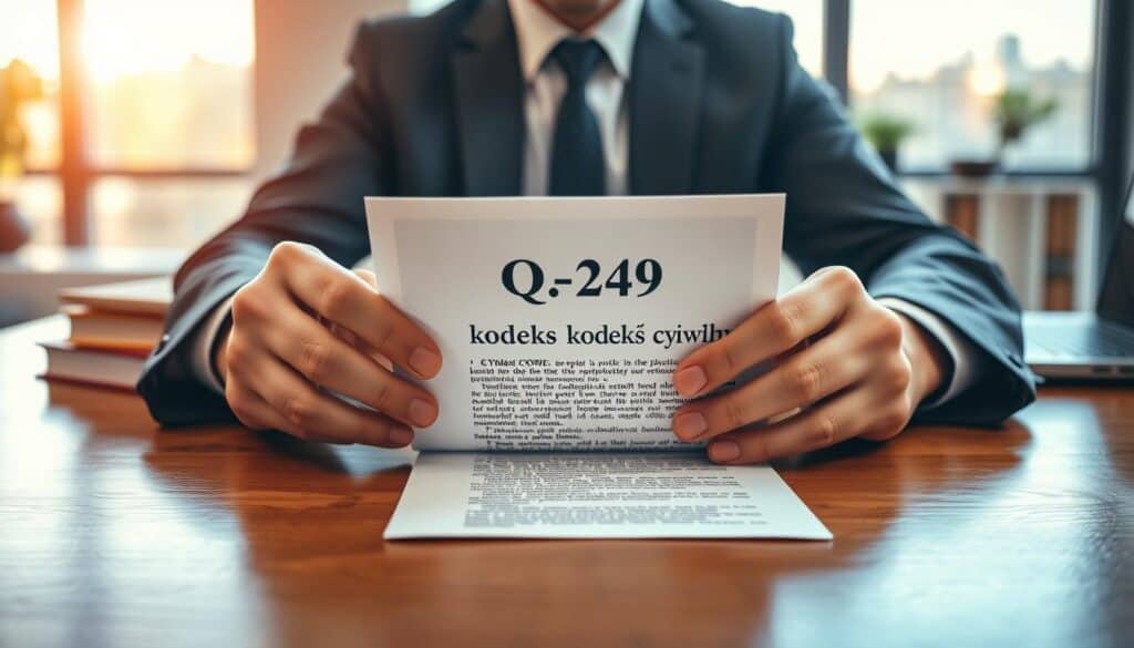 A legal document titled "§ 249 kodeks cywilny" elegantly displayed on a polished wooden table, surrounded by a few legal books and a laptop, creating a professional atmosphere. In the foreground, a pair of hands, dressed in smart business attire, thoughtfully examine the document, emphasizing the importance of legal assessment. The middle of the scene features the highlighted section of the civil code, attracting attention with a gentle blur effect. In the background, a modern office with soft natural lighting spills through large windows, casting warm tones and creating a serene yet focused mood. The entire composition conveys a sense of professionalism and gravity regarding the topic of expert opinions in insurance, infused with a subtle tension reflecting the complexities of legal evaluations. A legal document titled "§ 249 kodeks cywilny" elegantly displayed on a polished wooden table, surrounded by a few legal books and a laptop, creating a professional atmosphere. In the foreground, a pair of hands, dressed in smart business attire, thoughtfully examine the document, emphasizing the importance of legal assessment. The middle of the scene features the highlighted section of the civil code, attracting attention with a gentle blur effect. In the background, a modern office with soft natural lighting spills through large windows, casting warm tones and creating a serene yet focused mood. The entire composition conveys a sense of professionalism and gravity regarding the topic of expert opinions in insurance, infused with a subtle tension reflecting the complexities of legal evaluations.