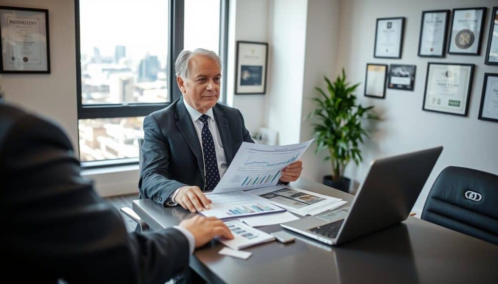A modern office environment featuring a professional consultant reviewing an auto accident report with a clear focus on the details. In the foreground, a middle-aged man in a tailored suit sits at a sleek desk, analyzing documents with a laptop open, displaying charts and images related to the damage assessment. In the middle background, a large window allows natural light to flood the room, enhancing the clarity of the scene. The walls are adorned with framed certificates and industry awards, adding professionalism. Outside the window, a cityscape hints at a bustling urban environment. The overall mood conveys meticulousness and expertise, ideal for the damage assessment process in collaboration with insurance companies. The image is well-lit with soft shadows to create a welcoming yet professional atmosphere. A modern office environment featuring a professional consultant reviewing an auto accident report with a clear focus on the details. In the foreground, a middle-aged man in a tailored suit sits at a sleek desk, analyzing documents with a laptop open, displaying charts and images related to the damage assessment. In the middle background, a large window allows natural light to flood the room, enhancing the clarity of the scene. The walls are adorned with framed certificates and industry awards, adding professionalism. Outside the window, a cityscape hints at a bustling urban environment. The overall mood conveys meticulousness and expertise, ideal for the damage assessment process in collaboration with insurance companies. The image is well-lit with soft shadows to create a welcoming yet professional atmosphere.
