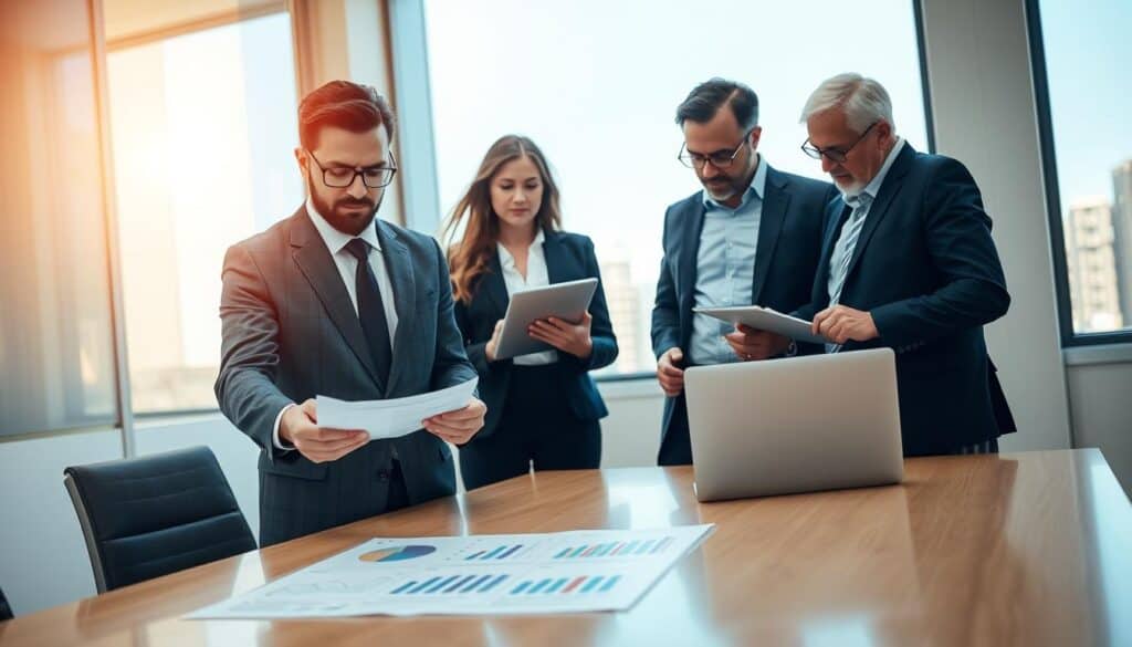 A modern, professional office setting featuring a diverse group of three business professionals engaged in a discussion about legal costs. In the foreground, a male lawyer in a tailored suit gestures towards a document on a sleek conference table, highlighting graphs and charts that represent cost optimization strategies. In the middle, a female attorney takes notes on a tablet, while another colleague, a middle-aged man in a smart casual shirt, examines a laptop screen with focused interest. The background reveals a large window with natural light streaming in, casting a warm glow across the room. The mood is collaborative and proactive, emphasizing a serious yet positive atmosphere of problem-solving and strategic planning. The image has a slight depth of field effect to draw attention to the professionals while subtly blurring the background.