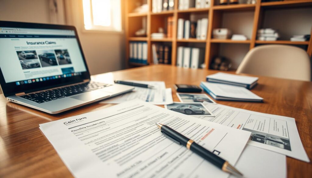 A neatly organized desk scene featuring essential documents for reporting a vehicle accident. In the foreground, focus on a close-up of various papers laid out: a claim form, damage assessment, and photographs of the accident scene, all arranged on a clean, polished wooden desk. In the middle ground, include a laptop open to a webpage about insurance claims, with a professional pen and a calculator beside it. In the background, softly blurred shelves filled with binders and books on legal and insurance topics. The lighting is warm and inviting, with natural light filtering in from a nearby window, creating a sense of clarity and professionalism. The overall atmosphere conveys diligence and readiness in managing accident claims. A neatly organized desk scene featuring essential documents for reporting a vehicle accident. In the foreground, focus on a close-up of various papers laid out: a claim form, damage assessment, and photographs of the accident scene, all arranged on a clean, polished wooden desk. In the middle ground, include a laptop open to a webpage about insurance claims, with a professional pen and a calculator beside it. In the background, softly blurred shelves filled with binders and books on legal and insurance topics. The lighting is warm and inviting, with natural light filtering in from a nearby window, creating a sense of clarity and professionalism. The overall atmosphere conveys diligence and readiness in managing accident claims.