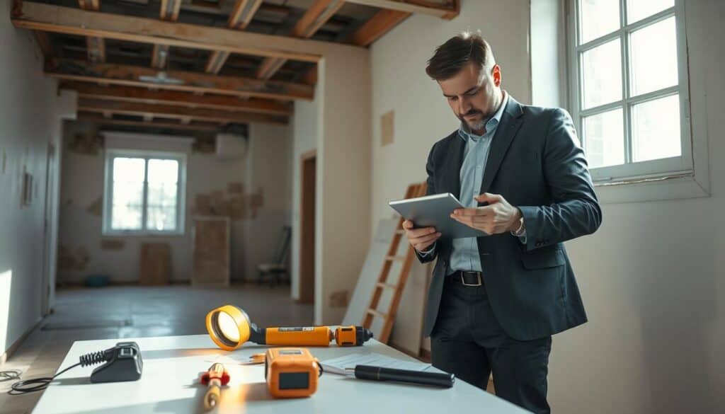 A professional appraiser meticulously conducting a detailed evaluation of a building's structural integrity. In the foreground, the appraiser, dressed in a smart blazer and trousers, is using a tablet to take notes while examining a wall for hidden damages. In the middle ground, various tools like a moisture meter and inspection lamp are arranged on a table, indicating a thorough assessment is underway. The background features a partially renovated room with exposed beams and patches on the walls, conveying a sense of depth and context. Soft, natural lighting floods the scene from a window, casting gentle shadows and creating a focused yet open atmosphere, emphasizing the seriousness and expertise required in the evaluation process. A professional appraiser meticulously conducting a detailed evaluation of a building's structural integrity. In the foreground, the appraiser, dressed in a smart blazer and trousers, is using a tablet to take notes while examining a wall for hidden damages. In the middle ground, various tools like a moisture meter and inspection lamp are arranged on a table, indicating a thorough assessment is underway. The background features a partially renovated room with exposed beams and patches on the walls, conveying a sense of depth and context. Soft, natural lighting floods the scene from a window, casting gentle shadows and creating a focused yet open atmosphere, emphasizing the seriousness and expertise required in the evaluation process.