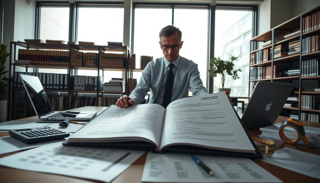 A professional appraiser or surveyor in a modern office setting, examining property documents on a desk filled with assessment tools like a calculator, measuring tape, and a laptop. The foreground features an open folder with clear illustrations of property values and legal terms. In the middle ground, shelves lined with books on property law and evaluation methods create an academic atmosphere. The background shows large windows with natural light streaming in, highlighting the professional environment. The mood is serious yet focused, conveying diligence and expertise. Soft shadows accentuate the room, and the composition is captured from a slightly tilted angle for a dynamic perspective.