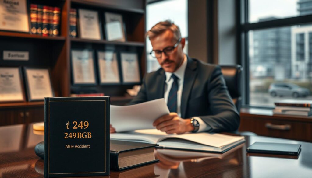 A professional attorney in a sleek office environment, wearing smart business attire, sits at a mahogany desk, reviewing important legal documents with focused intensity. The foreground features a legal book titled "§ 249 BGB" prominently placed, symbolizing the right to legal representation after an accident. In the middle ground, a wall of law books and framed certificates creates an atmosphere of credibility and expertise. Subtle, warm lighting illuminates the scene, enhancing the seriousness and professionalism of the setting. The background reveals a blurred cityscape through a large window, suggesting a bustling urban environment outside. The overall mood is one of determination and clarity, emphasizing the importance of legal assistance in navigating post-accident situations. A professional attorney in a sleek office environment, wearing smart business attire, sits at a mahogany desk, reviewing important legal documents with focused intensity. The foreground features a legal book titled "§ 249 BGB" prominently placed, symbolizing the right to legal representation after an accident. In the middle ground, a wall of law books and framed certificates creates an atmosphere of credibility and expertise. Subtle, warm lighting illuminates the scene, enhancing the seriousness and professionalism of the setting. The background reveals a blurred cityscape through a large window, suggesting a bustling urban environment outside. The overall mood is one of determination and clarity, emphasizing the importance of legal assistance in navigating post-accident situations.