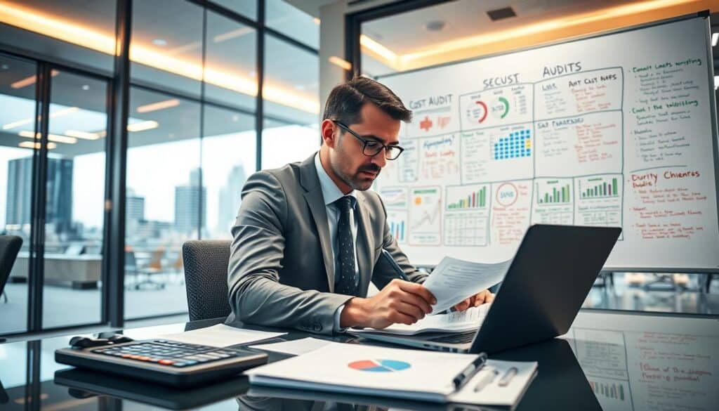 A professional auditor working at a modern office desk, reviewing detailed financial documents and spreadsheets with graphs showing cost analysis, illuminated by soft, warm overhead lighting. In the foreground, the auditor, clad in formal business attire, is focused and thoughtful, surrounded by a laptop, a calculator, and a notepad filled with notes. The middle ground features a large whiteboard filled with colorful diagrams and notes about cost audits and management strategies. In the background, glass windows reveal a cityscape, hinting at a bustling business environment. The overall mood is serious yet optimistic, conveying the importance of auditing in controlling costs and ensuring financial accuracy. The scene is captured with a slight depth of field, emphasizing the auditor's concentration.