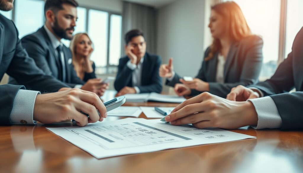 A professional business meeting setting depicting a diverse group of individuals analyzing financial documents on a polished wooden table. In the foreground, a close-up of hands holding a calculator and a pen, with detailed spreadsheets revealing varying compensation amounts. In the middle ground, two individuals discussing passionately, dressed in smart business attire, conveying concern over undervalued asset assessments. The background shows a large window with natural light flooding the room, providing a bright and clear atmosphere. The mood reflects urgency and seriousness, emphasizing the importance of accurate financial evaluations in property damages. Use a soft focus lens effect to create depth, highlighting the documents and expressions. A professional business meeting setting depicting a diverse group of individuals analyzing financial documents on a polished wooden table. In the foreground, a close-up of hands holding a calculator and a pen, with detailed spreadsheets revealing varying compensation amounts. In the middle ground, two individuals discussing passionately, dressed in smart business attire, conveying concern over undervalued asset assessments. The background shows a large window with natural light flooding the room, providing a bright and clear atmosphere. The mood reflects urgency and seriousness, emphasizing the importance of accurate financial evaluations in property damages. Use a soft focus lens effect to create depth, highlighting the documents and expressions.