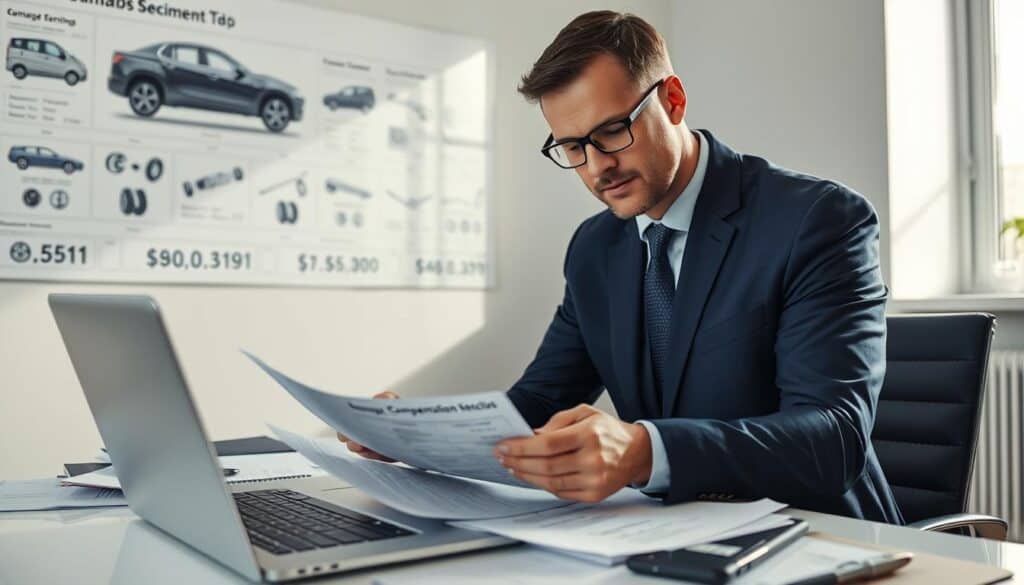 A professional compensation specialist examining damage documentation, wearing a tailored navy blue suit and glasses, seated at a modern office desk cluttered with papers, a laptop, and repair estimates. On the wall behind, a large graphic displays various vehicle components and repair costs. Soft natural light filters through a window, casting gentle shadows, enhancing the focused atmosphere. The angle captures the specialist from a slightly elevated perspective, emphasizing their engaged expression as they analyze the documents. A sleek, minimalist office environment with subtle tones to evoke professionalism and trust in the process of assessing damage and valuation. A professional compensation specialist examining damage documentation, wearing a tailored navy blue suit and glasses, seated at a modern office desk cluttered with papers, a laptop, and repair estimates. On the wall behind, a large graphic displays various vehicle components and repair costs. Soft natural light filters through a window, casting gentle shadows, enhancing the focused atmosphere. The angle captures the specialist from a slightly elevated perspective, emphasizing their engaged expression as they analyze the documents. A sleek, minimalist office environment with subtle tones to evoke professionalism and trust in the process of assessing damage and valuation.