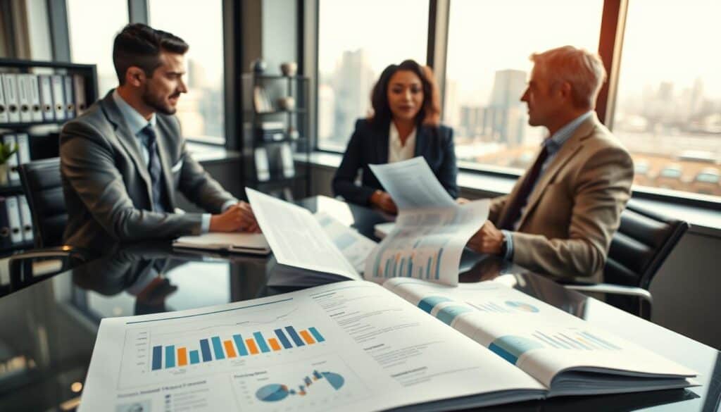 A professional financial advisor sitting at a sleek desk in a modern office, reviewing documents related to retirement planning and insurance policies. The foreground features a close-up of open folders with graphs and charts showcasing investment strategies in retirement. In the middle ground, the advisor, dressed in a crisp suit, is engaging with a diverse client, who appears intrigued and attentive. In the background, a large window reveals a city skyline with soft, warm lighting illuminating the room, suggesting a hopeful atmosphere. A small bookshelf is filled with finance books and certificates, enhancing the professional setting. The scene conveys trust, support, and expertise in insurance consulting and retirement planning. A professional financial advisor sitting at a sleek desk in a modern office, reviewing documents related to retirement planning and insurance policies. The foreground features a close-up of open folders with graphs and charts showcasing investment strategies in retirement. In the middle ground, the advisor, dressed in a crisp suit, is engaging with a diverse client, who appears intrigued and attentive. In the background, a large window reveals a city skyline with soft, warm lighting illuminating the room, suggesting a hopeful atmosphere. A small bookshelf is filled with finance books and certificates, enhancing the professional setting. The scene conveys trust, support, and expertise in insurance consulting and retirement planning.