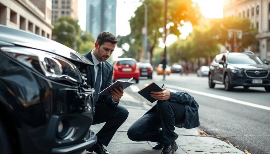 A professional independent insurance adjuster, dressed in a smart business suit, examines a damaged vehicle in a well-lit urban environment. The foreground features the adjuster kneeling next to the car, meticulously inspecting the damage with a notepad and pen in hand. In the middle ground, a city street with a blurred view of other cars and pedestrians passing by suggests a busy atmosphere. The background includes tall buildings and trees, providing a balanced urban landscape. The lighting is natural, bright, and inviting, casting soft shadows to emphasize the scene's details. The mood is focused and professional, highlighting the importance of thorough assessments in insurance claims. A professional independent insurance adjuster, dressed in a smart business suit, examines a damaged vehicle in a well-lit urban environment. The foreground features the adjuster kneeling next to the car, meticulously inspecting the damage with a notepad and pen in hand. In the middle ground, a city street with a blurred view of other cars and pedestrians passing by suggests a busy atmosphere. The background includes tall buildings and trees, providing a balanced urban landscape. The lighting is natural, bright, and inviting, casting soft shadows to emphasize the scene's details. The mood is focused and professional, highlighting the importance of thorough assessments in insurance claims.