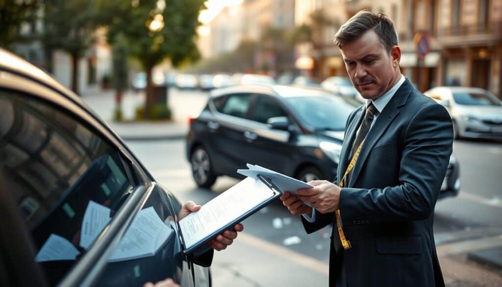 A professional insurance adjuster in a smart, business suit is inspecting a damaged vehicle in an urban setting, focusing on visible dents and scratches. The foreground features the adjuster with a clipboard and a measuring tape, capturing the essence of assessing damage. In the middle ground, the damaged car is surrounded by debris, showcasing the aftermath of a minor accident. The background displays a city street with soft daylight illuminating the scene, reflecting a calm yet serious atmosphere. Natural lighting enhances the details of the scene, while a slightly blurred background draws attention to the adjuster’s focused expression. The mood conveys professionalism and diligence, emphasizing the responsibilities of the insurer during the claim process.