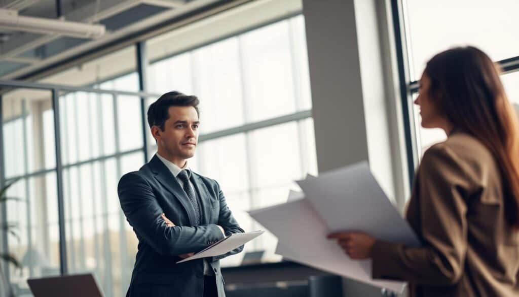 A professional lawyer in a suit, standing confidently in a modern office, surrounded by legal documents and a laptop. Their expression is focused and determined as they discuss important matters with a client, who appears attentive and engaged. In the background, large windows let in soft natural light, illuminating the space and casting subtle shadows. The setting conveys a sense of professionalism and trust. The overall mood is serious yet approachable, emphasizing the importance of legal assistance in claiming insurance after a car accident. The composition is shot at a slight angle to capture both figures and the dynamic interaction between them. The color palette is warm and inviting, enhancing the atmosphere of support and expertise.