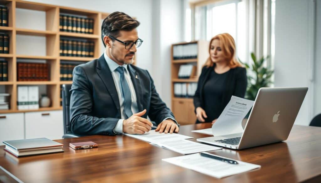 A professional lawyer's office in Germany, showcasing a confident lawyer in a tailored business suit, engaged in a consultation with a client. The foreground features a sleek, polished wooden desk with legal documents neatly arranged, and a laptop displaying legal software. In the middle, the lawyer is discussing important aspects of insurance assistance with the client, who looks engaged and thoughtful. The background depicts shelves filled with law books and a window with soft, natural lighting illuminating the room, creating a warm and inviting atmosphere. The mood is serious yet comforting, highlighting the importance of finding the right legal support in Germany. The focus is sharp, with a slight depth of field blurring the background for emphasis. A professional lawyer's office in Germany, showcasing a confident lawyer in a tailored business suit, engaged in a consultation with a client. The foreground features a sleek, polished wooden desk with legal documents neatly arranged, and a laptop displaying legal software. In the middle, the lawyer is discussing important aspects of insurance assistance with the client, who looks engaged and thoughtful. The background depicts shelves filled with law books and a window with soft, natural lighting illuminating the room, creating a warm and inviting atmosphere. The mood is serious yet comforting, highlighting the importance of finding the right legal support in Germany. The focus is sharp, with a slight depth of field blurring the background for emphasis.