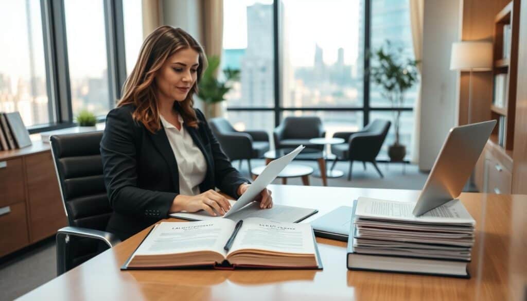 A professional lawyer's office scene, featuring a well-dressed female lawyer, mid-30s, sitting at a modern desk with a laptop open, reviewing legal documents. In the foreground, focus on neatly organized files and a legal book on the desk. The middle ground showcases a comfortable seating area with a couple of chairs and a small coffee table, creating an inviting atmosphere. In the background, a large window lets in soft, natural light, highlighting the city skyline outside. The environment should convey a sense of professionalism and trust, with warm, neutral tones throughout the decor. The overall mood is serious yet approachable, emphasizing the preparation and collaboration needed when working with an attorney. A professional lawyer's office scene, featuring a well-dressed female lawyer, mid-30s, sitting at a modern desk with a laptop open, reviewing legal documents. In the foreground, focus on neatly organized files and a legal book on the desk. The middle ground showcases a comfortable seating area with a couple of chairs and a small coffee table, creating an inviting atmosphere. In the background, a large window lets in soft, natural light, highlighting the city skyline outside. The environment should convey a sense of professionalism and trust, with warm, neutral tones throughout the decor. The overall mood is serious yet approachable, emphasizing the preparation and collaboration needed when working with an attorney.