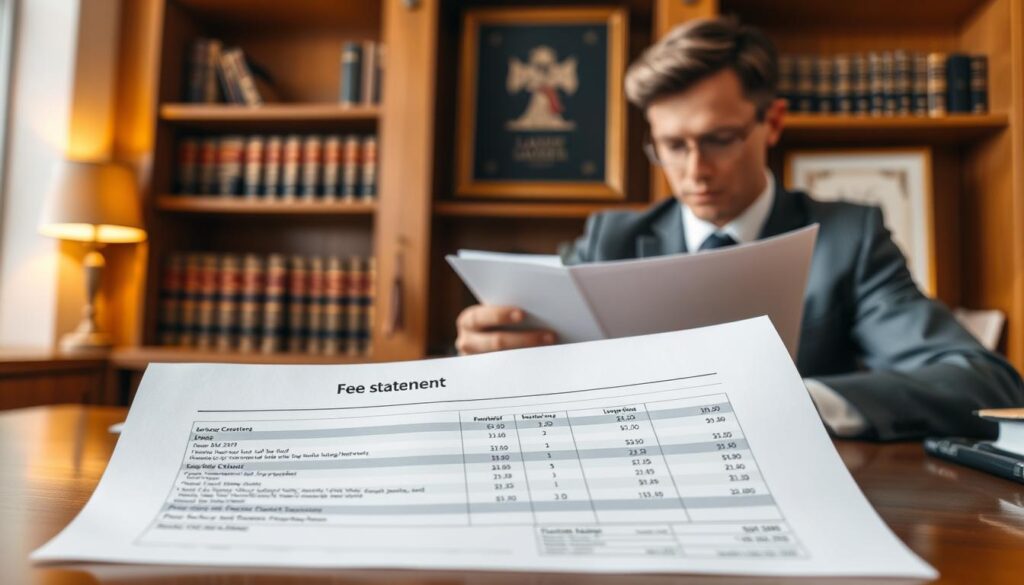 A professional lawyer's office, showcasing a detailed lawyer's invoice or fee statement on a polished wooden desk in the foreground, highlighting important legal fees and services provided. In the middle, a serious-looking, well-dressed lawyer in business attire, examining the document with a focused expression, symbolizing the efforts in legal cost management. The background features law books on shelves, a subtle glimpse of a framed diploma on the wall, and warm, ambient lighting that creates a professional yet inviting atmosphere. The scene is shot from a slightly elevated angle, emphasizing the importance of the document while portraying a sense of professionalism and diligence in legal practice. The overall mood is serious and dedicated, reflecting the complexities of pursuing claims.