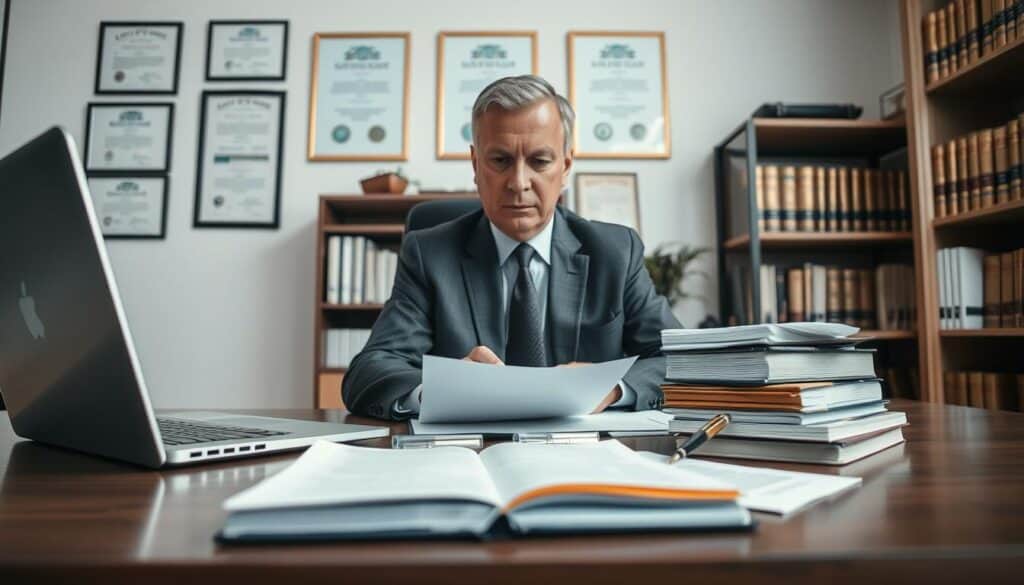 A professional legal consultant sitting at a desk, reviewing paperwork and legal documents. The foreground features a neatly organized desk with a laptop, a stack of law books, a pen, and a notepad. In the middle, the consultant, a middle-aged person dressed in tailored business attire, looks focused and thoughtful. The background shows a well-lit modern office with law certificates on the wall and a bookshelf filled with legal texts, creating a sense of professionalism and authority. Soft, warm lighting enhances the atmosphere, giving a feeling of trust and competence. The angle is a slight overhead shot, capturing both the consultant's expression and the organized workspace, emphasizing the dedication to providing professional legal assistance.