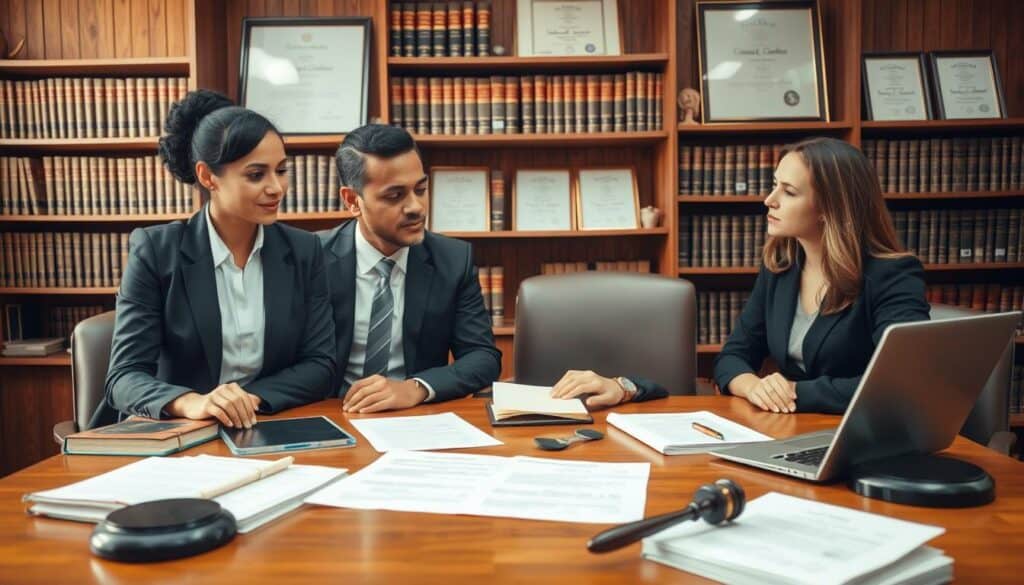 A professional legal consultation scene set in a law office. In the foreground, a diverse group of three individuals: a female lawyer in a smart business suit, a male client, and a female client, all engaged in a serious discussion. The lawyer is pointing to a legal document spread across the desk. In the middle ground, a large wooden desk is cluttered with legal books, a laptop, and a gavel, symbolizing the legal world. The background features bookshelves filled with law books and diplomas on the wall, conveying authority and expertise. Soft, warm lighting creates an inviting yet serious atmosphere. The image is captured from a slightly elevated angle to emphasize the interaction. The overall mood conveys professionalism, trust, and the importance of legal representation. A professional legal consultation scene set in a law office. In the foreground, a diverse group of three individuals: a female lawyer in a smart business suit, a male client, and a female client, all engaged in a serious discussion. The lawyer is pointing to a legal document spread across the desk. In the middle ground, a large wooden desk is cluttered with legal books, a laptop, and a gavel, symbolizing the legal world. The background features bookshelves filled with law books and diplomas on the wall, conveying authority and expertise. Soft, warm lighting creates an inviting yet serious atmosphere. The image is captured from a slightly elevated angle to emphasize the interaction. The overall mood conveys professionalism, trust, and the importance of legal representation.