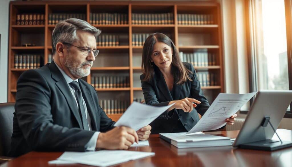 A professional legal setting in Germany, showing a lawyer and an expert assessor discussing details of an insurance claim. In the foreground, the lawyer, a middle-aged Caucasian man in a black suit and tie, is seated at a polished wooden desk, reviewing documents. The assessor, a middle-aged Hispanic woman, also in professional attire, is standing beside him, pointing at a chart on the desk. In the middle background, a large window allows soft, diffused daylight to filter in, illuminating the scene and creating a warm atmosphere. Shelves filled with legal books can be seen behind them, adding to the professional environment. The angle is slightly elevated, giving a clear view of their engaged conversation, showcasing a productive dialogue focused on the claims process.