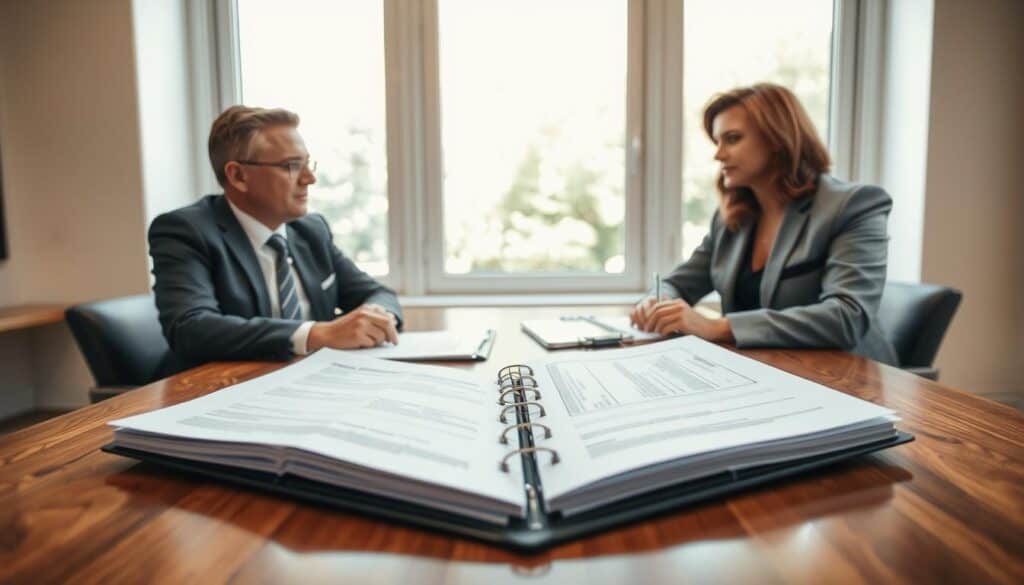 A professional-looking financial advisor and a lawyer sit across from each other at a polished wooden table, surrounded by documents related to insurance claims. In the foreground, emphasize the open folder filled with financial papers and contracts. The middle ground features the two professionals engaged in a serious discussion, both wearing smart business attire—suits and ties for the men, and a smart dress for the woman. In the background, a large window allows natural light to flood in, creating a warm and inviting atmosphere. The overall mood is focused and collaborative, conveying the importance of careful planning after an accident. Soft lighting enhances the professionalism of the scene, with a slight focus blur on the background to draw attention to the serious conversation. A professional-looking financial advisor and a lawyer sit across from each other at a polished wooden table, surrounded by documents related to insurance claims. In the foreground, emphasize the open folder filled with financial papers and contracts. The middle ground features the two professionals engaged in a serious discussion, both wearing smart business attire—suits and ties for the men, and a smart dress for the woman. In the background, a large window allows natural light to flood in, creating a warm and inviting atmosphere. The overall mood is focused and collaborative, conveying the importance of careful planning after an accident. Soft lighting enhances the professionalism of the scene, with a slight focus blur on the background to draw attention to the serious conversation.