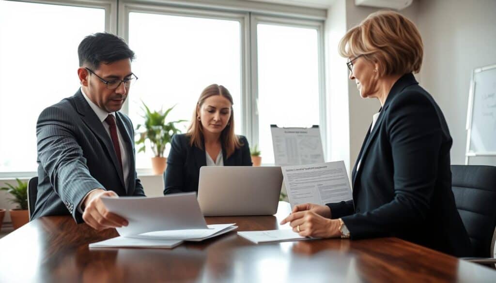 A professional meeting room, featuring a diverse group of three individuals engaged in a collaborative discussion. In the foreground, a middle-aged man in a tailored suit is pointing to a document on the table, while a young woman in smart casual attire listens attentively, taking notes. A second individual, an older woman dressed in business formal, studies a laptop screen, showing a detailed assessment report. In the middle background, a large window lets in soft, natural light, creating a bright and optimistic atmosphere. Subtle office decor hints at professionalism—potted plants and a whiteboard with brainstorming notes. The lens captures a slightly angled view to highlight the dynamic interaction, emphasizing teamwork and joint decision-making in the process of selecting a claims adjuster. A professional meeting room, featuring a diverse group of three individuals engaged in a collaborative discussion. In the foreground, a middle-aged man in a tailored suit is pointing to a document on the table, while a young woman in smart casual attire listens attentively, taking notes. A second individual, an older woman dressed in business formal, studies a laptop screen, showing a detailed assessment report. In the middle background, a large window lets in soft, natural light, creating a bright and optimistic atmosphere. Subtle office decor hints at professionalism—potted plants and a whiteboard with brainstorming notes. The lens captures a slightly angled view to highlight the dynamic interaction, emphasizing teamwork and joint decision-making in the process of selecting a claims adjuster.