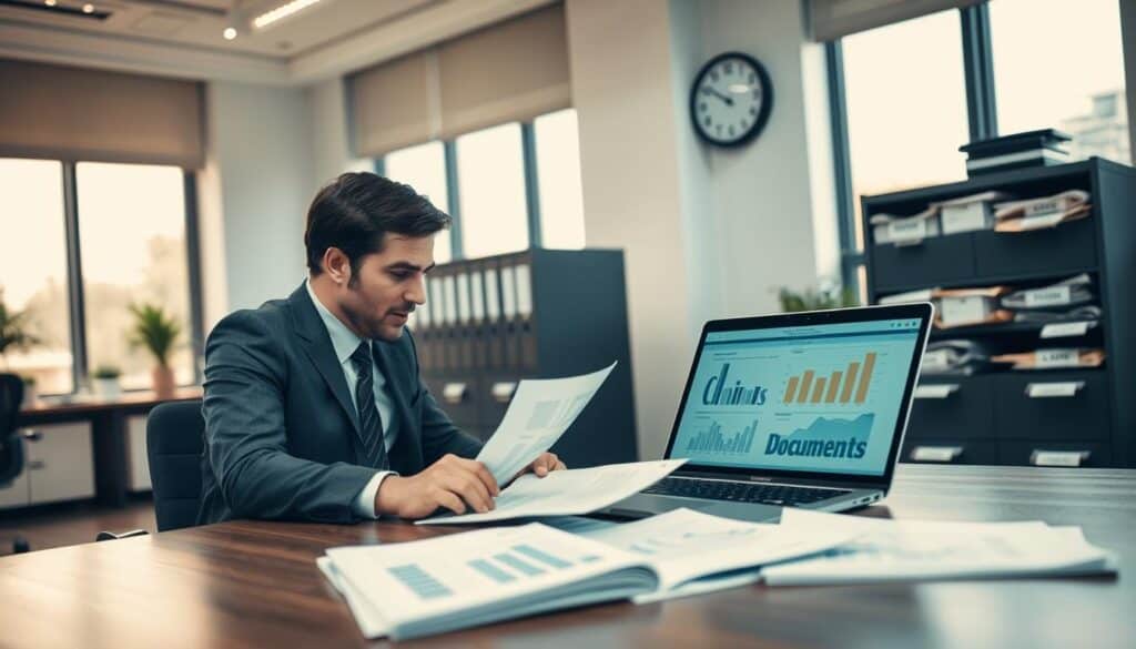 A professional office setting depicting the process of insurance claims. In the foreground, a focused individual in business attire is seated at a desk, reviewing documents related to a claim, with a laptop open displaying charts and statistics. In the middle ground, a well-organized filing cabinet filled with folders labeled "Claims" and "Documents." Behind, large windows let in natural light, creating a warm atmosphere, while a clock on the wall indicates the passage of time, symbolizing the duration of claim processing. The overall mood is one of diligence and professionalism, emphasizing the systematic nature of the insurance claim process.