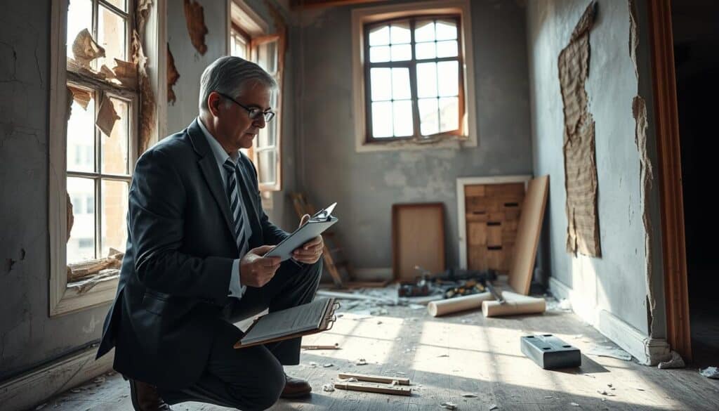 A professional property appraiser analyzing a damaged residential building interior, focusing on details such as cracked walls, broken windows, and water stains. In the foreground, the appraiser, a middle-aged individual in a smart business suit, kneels beside a clipboard and measuring tools, meticulously documenting findings. The middle section features the damaged room, sunlight filtering through the broken windows, casting dramatic shadows and highlighting the wear and tear. In the background, construction tools and repair materials hint at the cost of restoration. The atmosphere is somber yet focused, emphasizing the importance of accurate assessment for legal and financial purposes. Use soft, natural lighting for a realistic effect, and a slightly angled perspective to enhance depth. A professional property appraiser analyzing a damaged residential building interior, focusing on details such as cracked walls, broken windows, and water stains. In the foreground, the appraiser, a middle-aged individual in a smart business suit, kneels beside a clipboard and measuring tools, meticulously documenting findings. The middle section features the damaged room, sunlight filtering through the broken windows, casting dramatic shadows and highlighting the wear and tear. In the background, construction tools and repair materials hint at the cost of restoration. The atmosphere is somber yet focused, emphasizing the importance of accurate assessment for legal and financial purposes. Use soft, natural lighting for a realistic effect, and a slightly angled perspective to enhance depth.